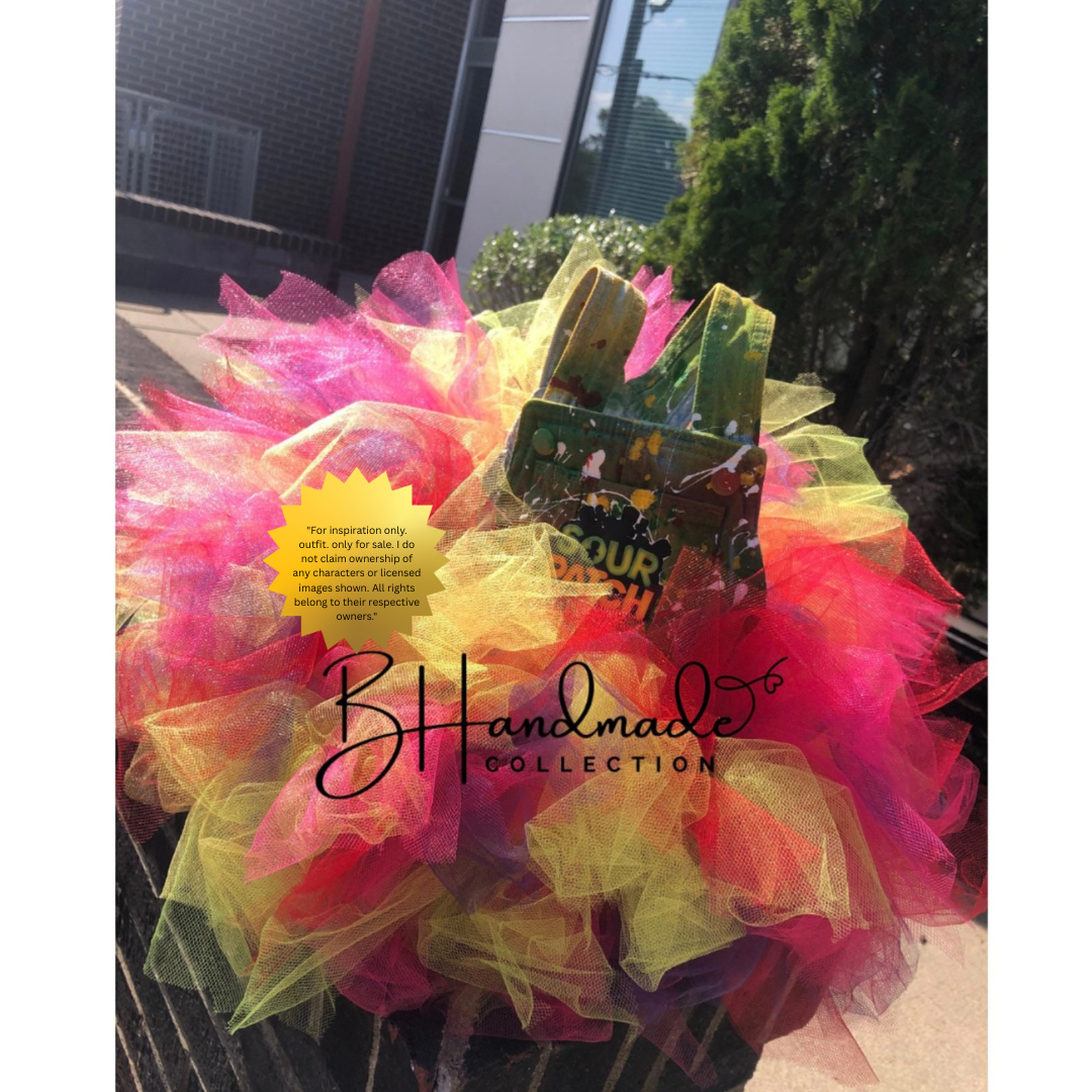 Sweet & Tangy Candy-Inspired Birthday Outfit β Custom Denim Overall Tutu Dress β Handmade Toddler Party Clothes