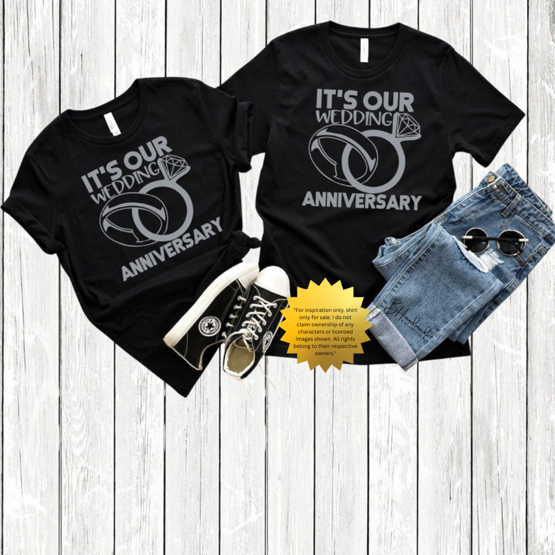 Our Anniversary Rings Shirt – Romantic Couple Tee – Handmade Custom Anniversary Graphic T-Shirt – Unisex Painted or Bleached Style