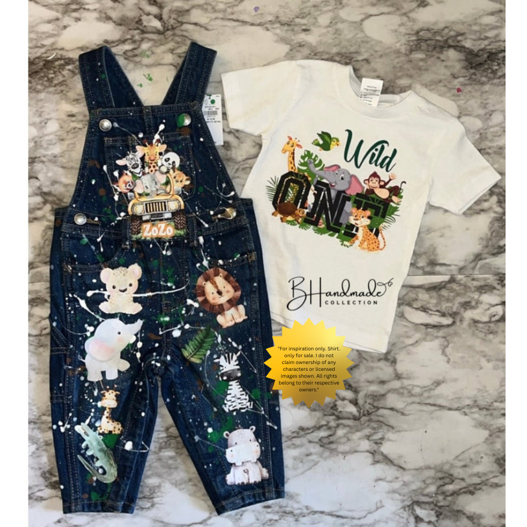Custom “Wild One” Jungle Safari Birthday Outfit – Overalls, Skirt, Shorts, or Tutu – Can Be Made for “Two Wild,” “Three Wild,” or “Four Ever Wild”