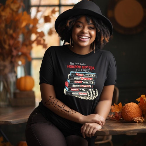 Not Into Horror Movies But I Enjoy VHS Stack Graphic Tee | Funny 90s Movie Lover Shirt | Retro Halloween Tee | Handmade