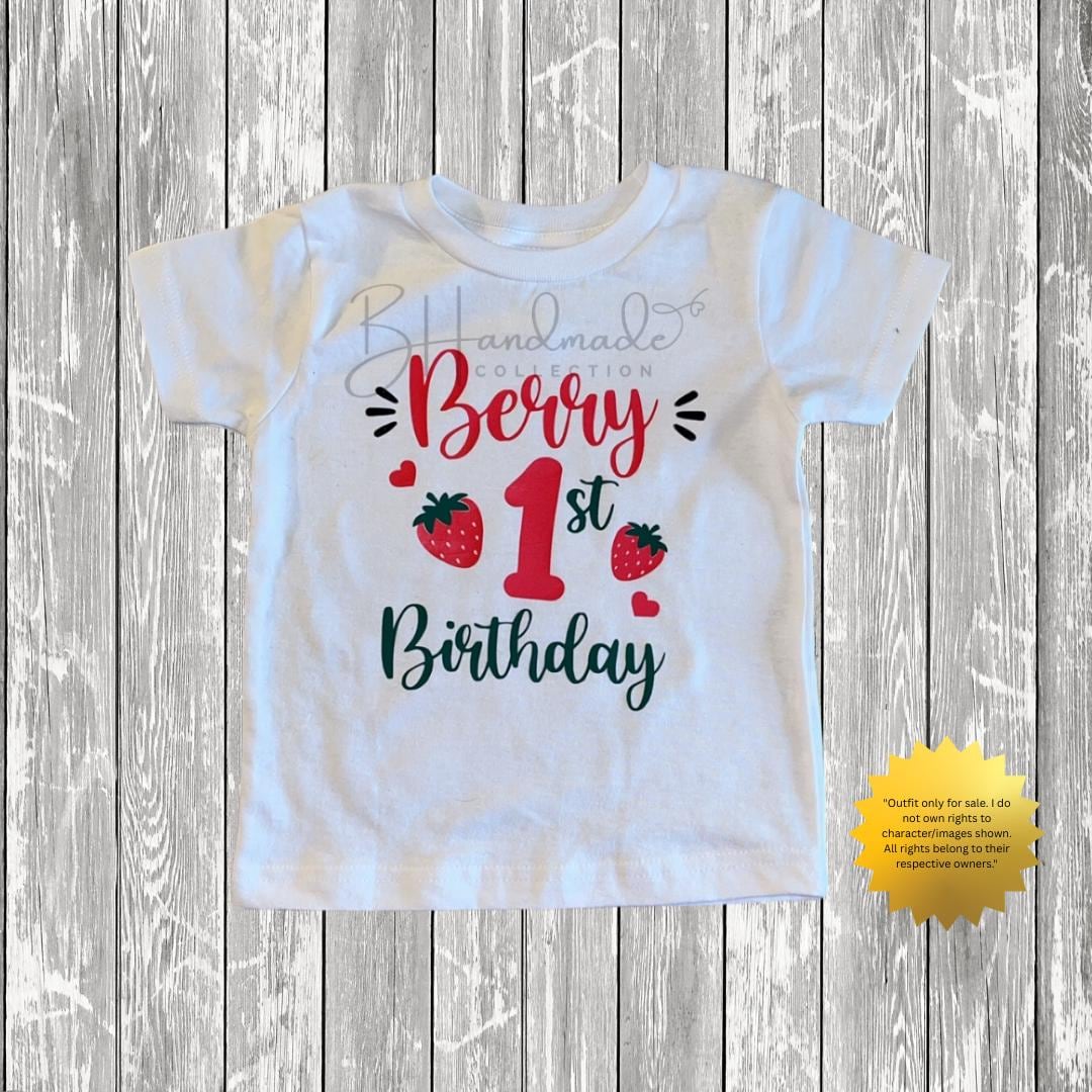 Custom “Berry First” Birthday Outfit – Strawberry Theme – Overalls, Skirt, Shorts, or Tutu – Handmade 1st Birthday Outfit