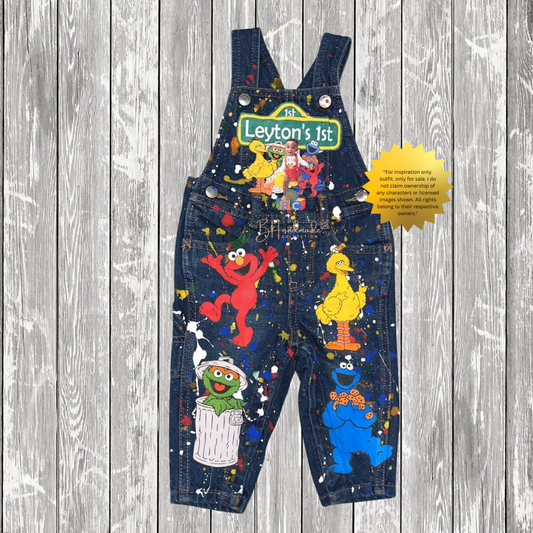 Custom Colorful Monster Birthday Outfit – Overalls with Paint Splatter – Inspired Toddler Party Clothes