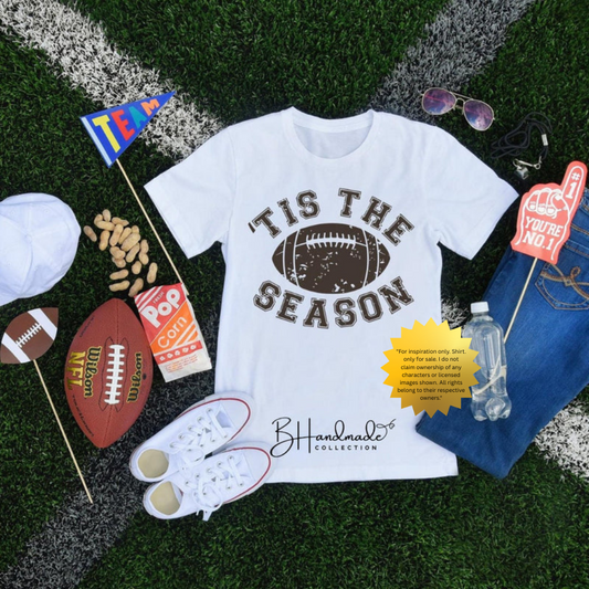 'Tis the Season Football Shirt – Fall Game Day Tee – Handmade Custom Sports Graphic T-Shirt – Unisex Bleached or Painted Style