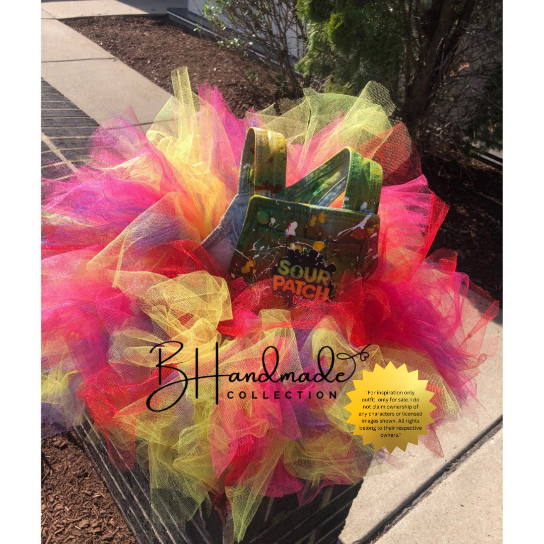 Sweet & Tangy Candy-Inspired Birthday Outfit – Custom Denim Overall Tutu Dress – Handmade Toddler Party Clothes