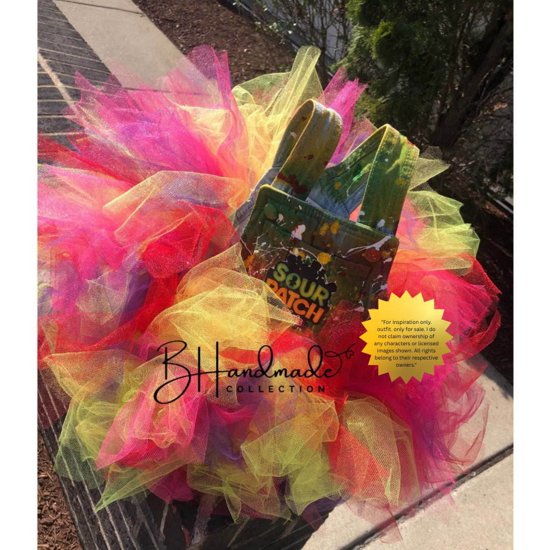 Sweet & Tangy Candy-Inspired Birthday Outfit – Custom Denim Overall Tutu Dress – Handmade Toddler Party Clothes