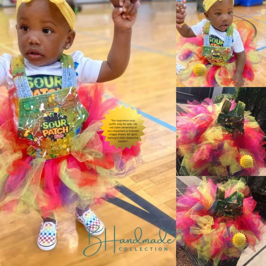 Sweet & Tangy Candy-Inspired Birthday Outfit – Custom Denim Overall Tutu Dress – Handmade Toddler Party Clothes