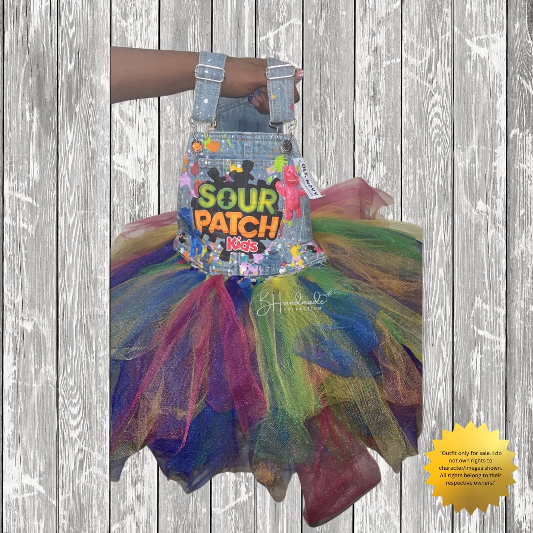 Sweet & Tangy Candy-Inspired Birthday Outfit – Custom Denim Overall Tutu Dress – Handmade Toddler Party Clothes