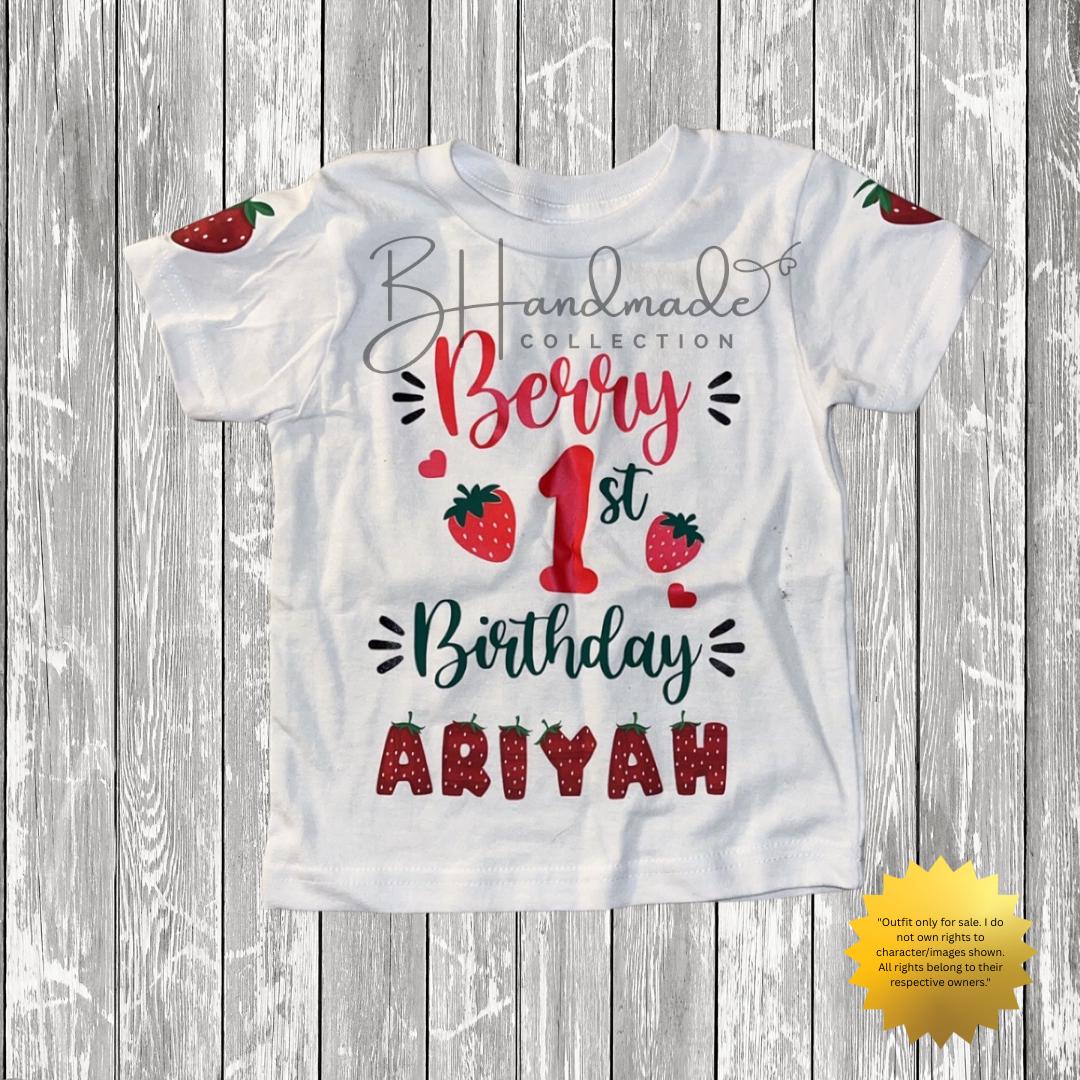 Custom “Berry First” Birthday Outfit – Strawberry Theme – Overalls, Skirt, Shorts, or Tutu – Handmade 1st Birthday Outfit