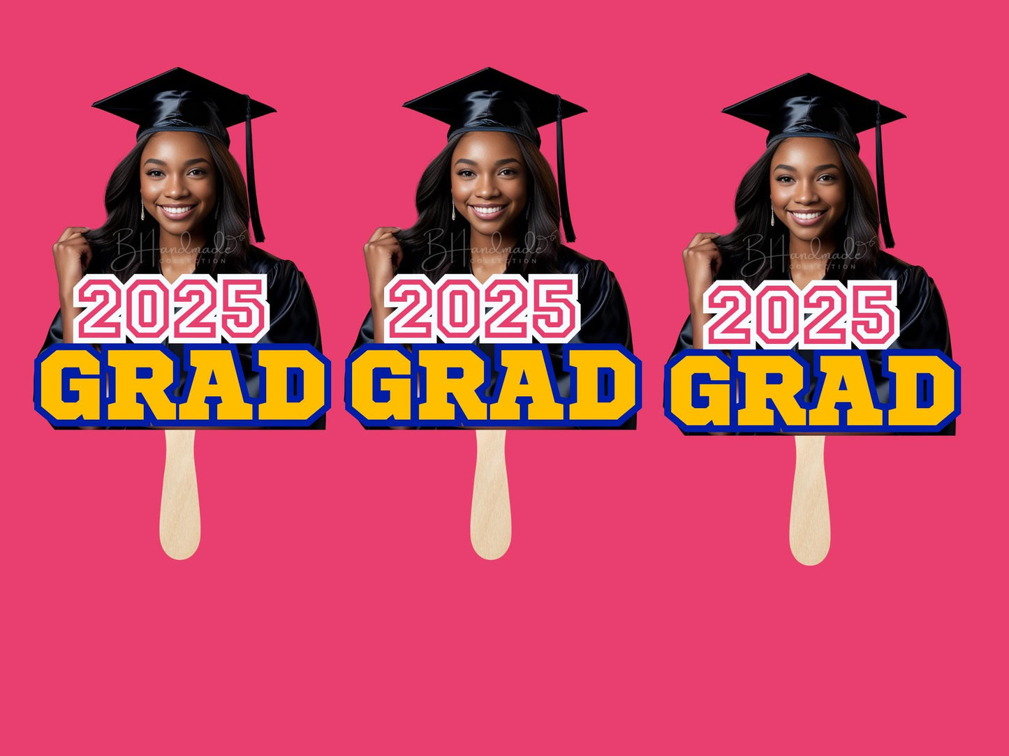 Custom Graduation Face Fans – Personalized Photo, School Colors & Mascot – Handheld Paddle Fans for Ceremonies, Parties style 1