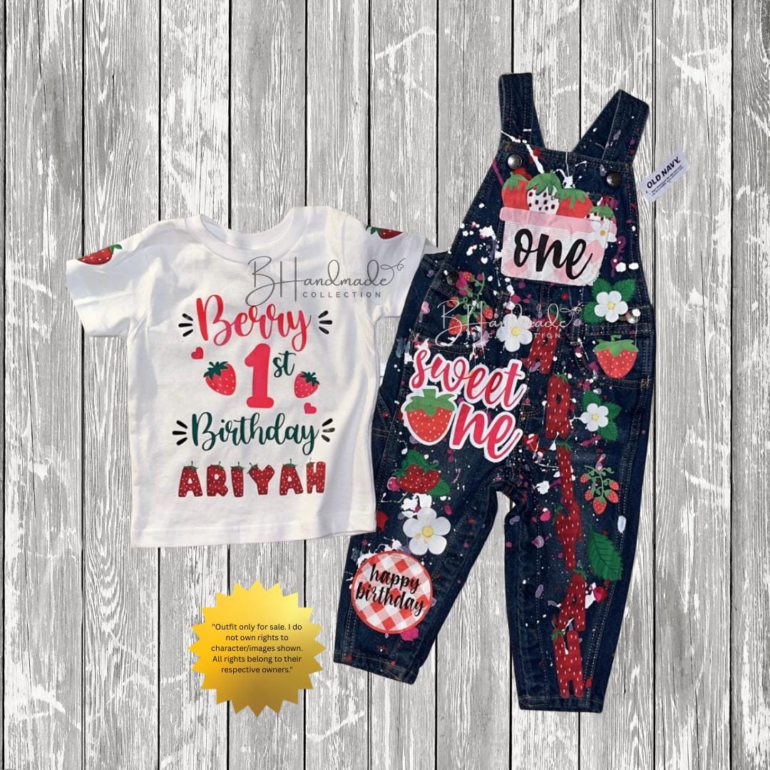 Custom “Berry First” Birthday Outfit – Strawberry Theme – Overalls, Skirt, Shorts, or Tutu – Handmade 1st Birthday Outfit