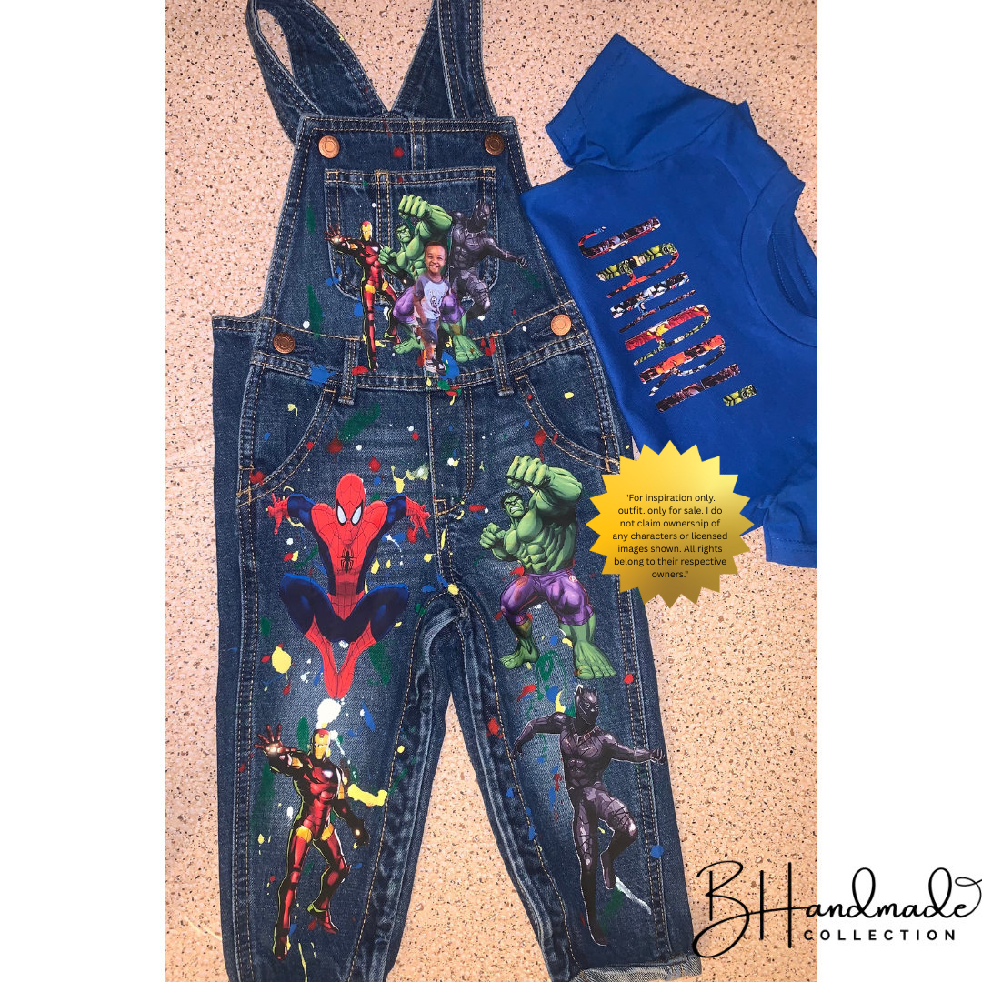 Superhero Squad Birthday Outfit – Comic Book Theme – Custom Handmade Toddler Party Outfit – Overalls, Skirt, Shorts, or Tutu