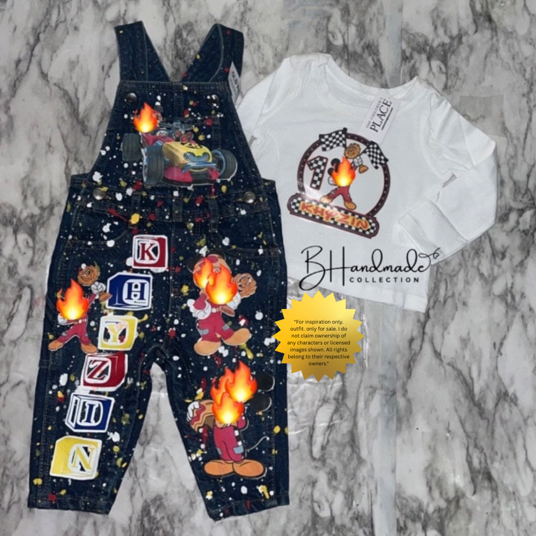 Race Car Birthday Outfit – Classic Mouse-Inspired Roadster Theme – Custom Toddler Party Outfit – Handmade Overalls, Skirt, Shorts, or Tutu